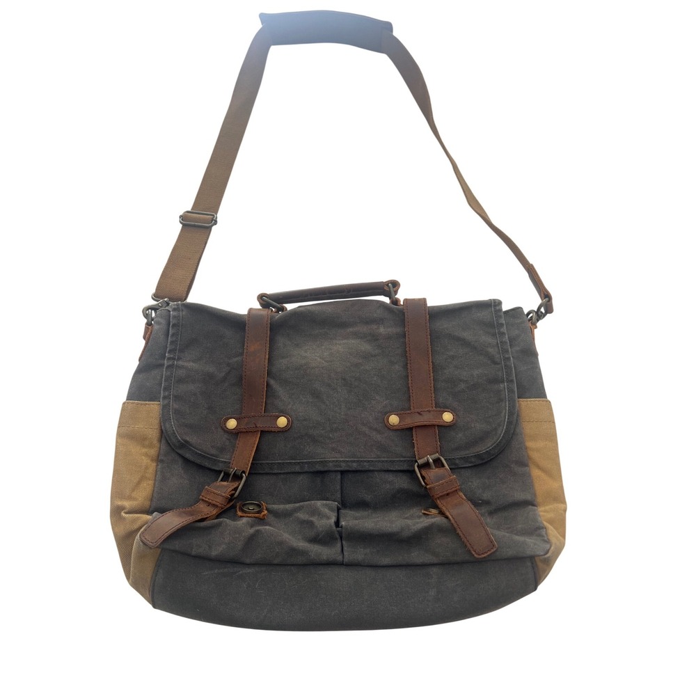 Mens Waxed Canvas Messenger Bag Leather Trim Laptop Satchel Charcoal Gray Brown - Picture 7 of 12